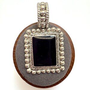 Black Onyx Bezel Set Statement Pendant Silver Plated Size 2.75" Length